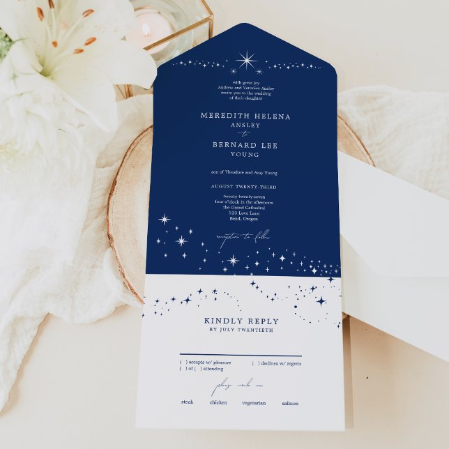 Invitation Tout En Un Formal Celestial Elegant Wedding Navy Blue (Créateur téléchargé)
