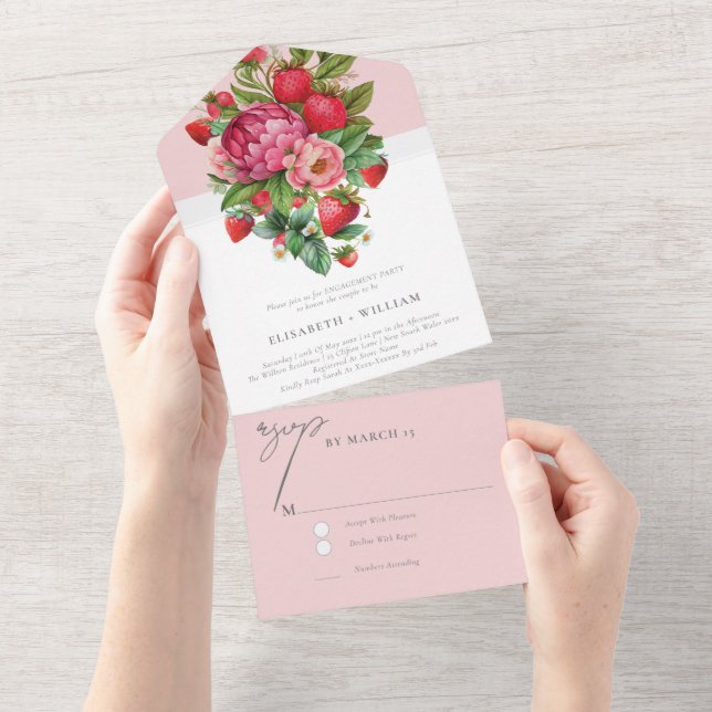 Invitation Tout En Un Fraises et pivoines Parti d'engagement Rsvp (Déchirure)
