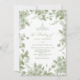 Invitation Tout en Un Français Sage Fleurs sauvages Mariage