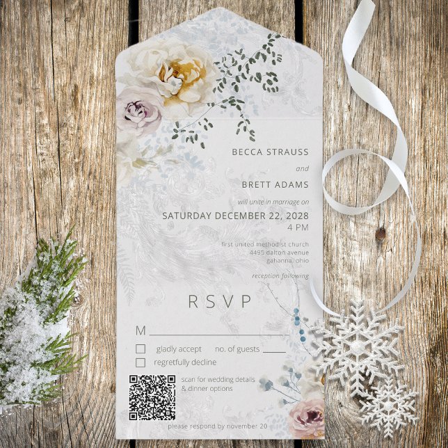 Invitation Tout En Un Frosty Winter Pastel Floral Modern QR Code (Also available without a QR code; with or without dinner selection options.)