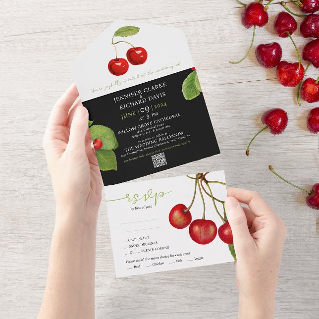 Invitation Tout En Un Fruits de cerisier noir blanc rouge élégant Mariag (Créateur téléchargé)
