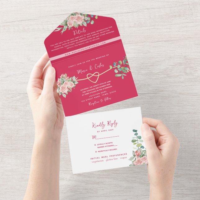 Invitation Tout En Un Fuchsia Floral All-in-One Wedding Invite + Photo (Déchirure)