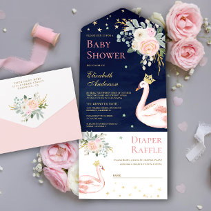 Invitation Tout En Un Fuchsia Floral Cygne Princess Navy Shower de Bébé