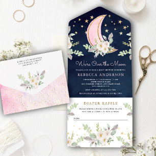 Invitation Tout En Un Fuchsia Ivoire Floral Lune Bleu Marine Baby Shower