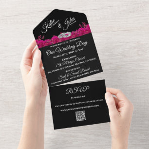 Invitation Tout En Un Fuchsia Orchidées sur le code Black-Mariage-QR RSV