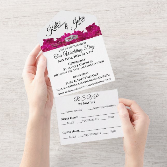 Invitation Tout En Un Fuchsia Orchidées sur le Mariage photo blanc- (Déchirure)