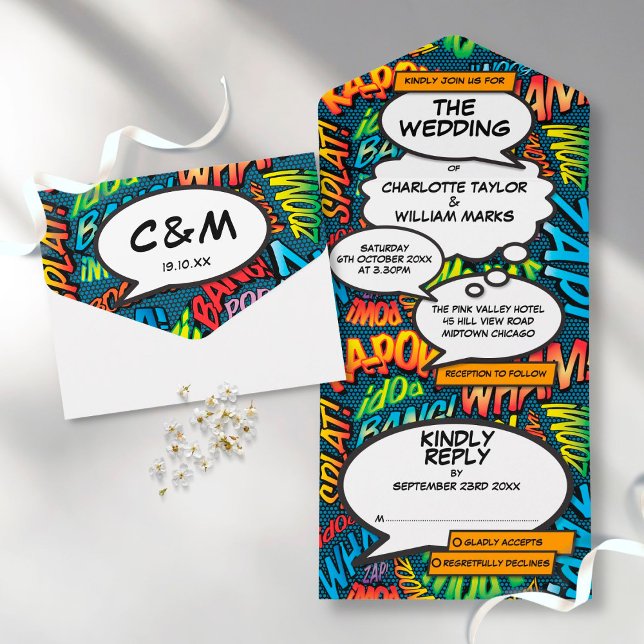 Invitation Tout En Un Fun Modern Comics Mariage de typrographie de livre (Créateur téléchargé)