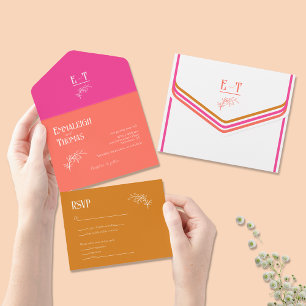 Invitation Tout En Un Fuschia Coral rose + Orange Bold Mariage rétro