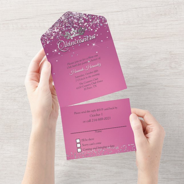 Invitation Tout En Un Fushia et Parties scintillant Quinceañera   (Déchirure)