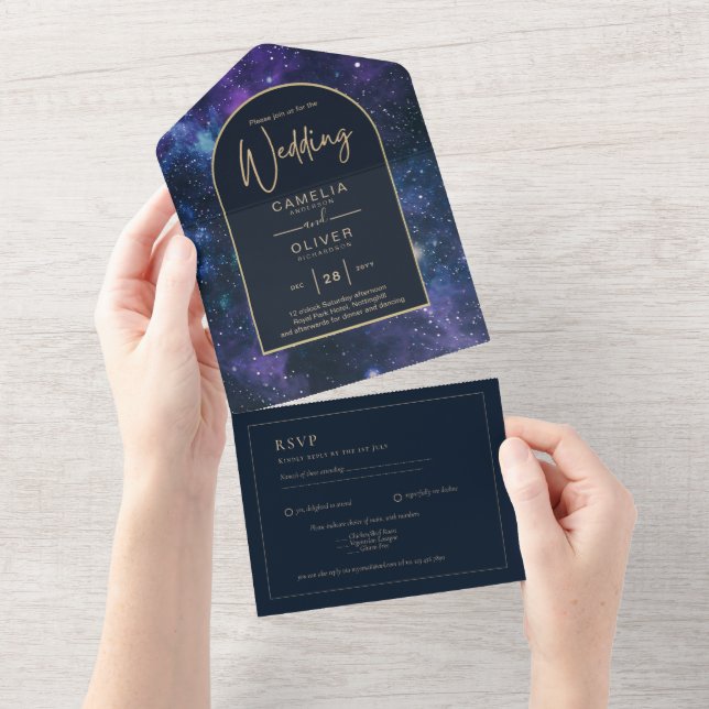 Invitation Tout En Un Galaxy Starry Nuit violet bleu Mariage or (Déchirure)
