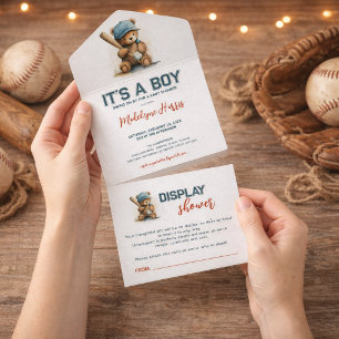 Invitation Tout En Un Garçon à l'ours en peluche de baseball affiche QR 
