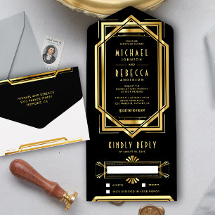 Invitation Tout En Un Gatsby le Magnifique Mariage Art Déco Noir et Or à