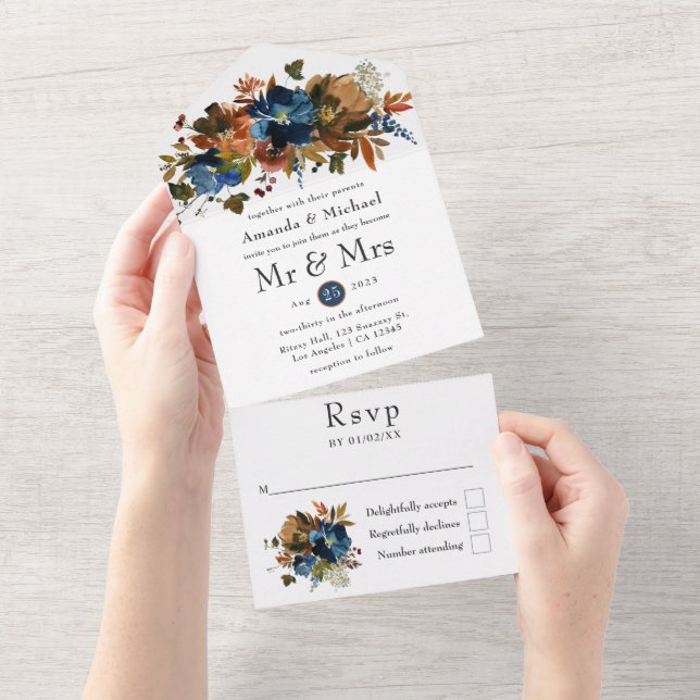 Invitation Tout En Un Gingembre et Mariage floral de la marine (Déchirure)