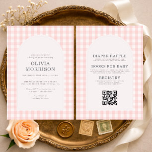 Invitation Tout en Un Gingham Rose Baby Shower Fille