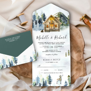 Invitation Tout En Un Gîte de cabane en rondins rustique mariage forêt d