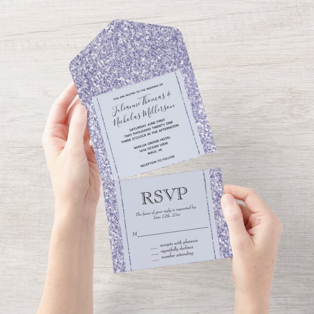 Invitation Tout En Un Glam Lilac Lavande violet Parties scintillant bril (Déchirure)