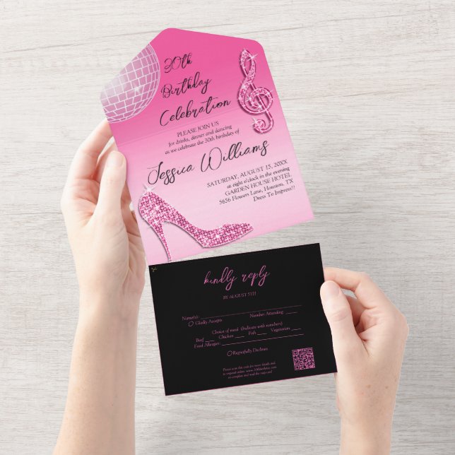 Invitation Tout En Un Glitzy rose et noir 30e anniversaire QR Code (Déchirure)