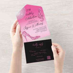 Invitation Tout En Un Glitzy rose et noir 30e anniversaire QR Code
