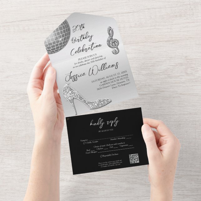 Invitation Tout En Un Glitzy Silver & Black 30th Birthday QR Code (Déchirure)