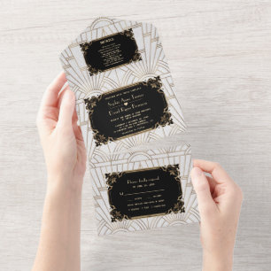Invitation Tout En Un Gold Black White Art Déco Great Gatsby Mariage