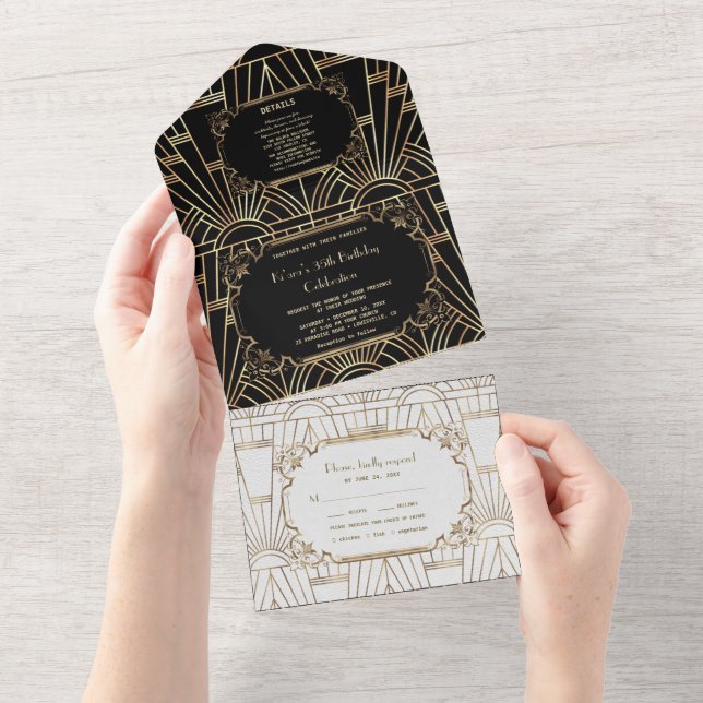 Invitation Tout En Un Gold Black White Great Gatsby Art Déco Anniversair (Déchirure)
