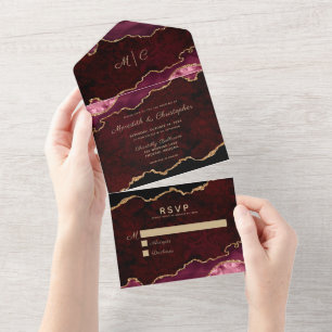 Invitation Tout En Un Gold Burgundy Agate All in One Wedding Inviter