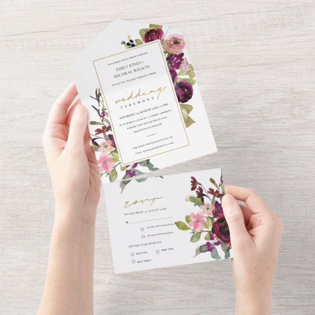 INVITATION TOUT EN UN GOLD BURGUNDY BLUSH ROSE FLORAL EAU MARIAGE (Déchirure)