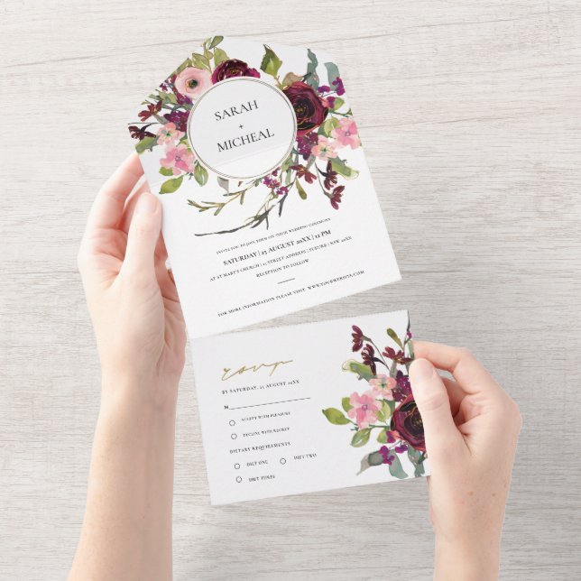 INVITATION TOUT EN UN GOLD BURGUNDY BLUSH ROSE FLORAL EAU MARIAGE (Déchirure)