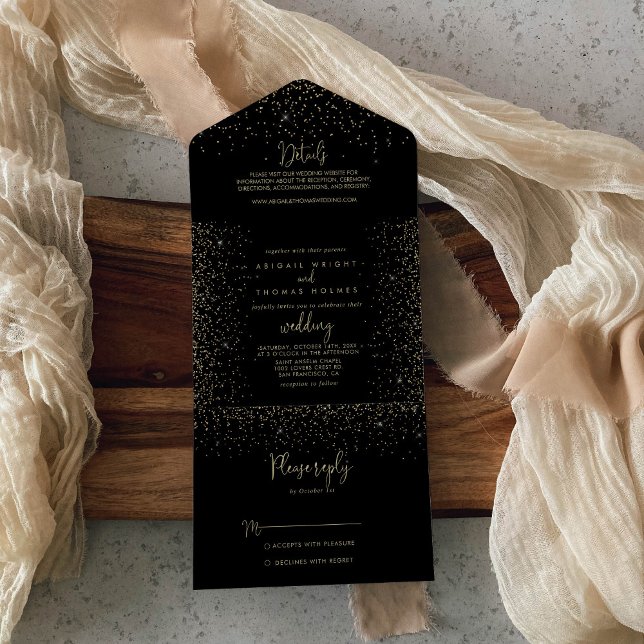 Invitation Tout En Un Gold Confetti Calligraphie Mariage de script (Créateur téléchargé)