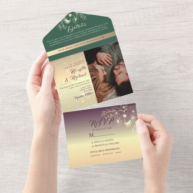 Invitation Tout En Un Gold Emerald Green et Purple Photos Mariage (Déchirure)