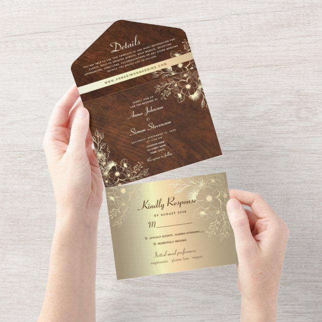 Invitation Tout En Un Gold Floral Bois Vintage Mariage (Déchirure)