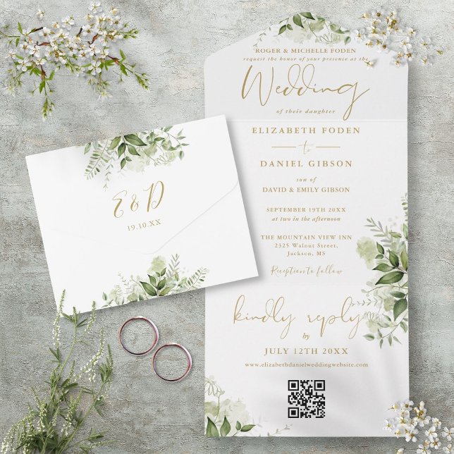 Invitation Tout En Un Gold Floral Greenery QR Code Mariage officiel (Gold Floral Greenery QR Code Formal Wedding All In One Invitation)