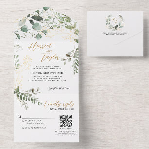 Invitation Tout En Un Gold Green Eucalyptus Monogramme QR Code Mariage