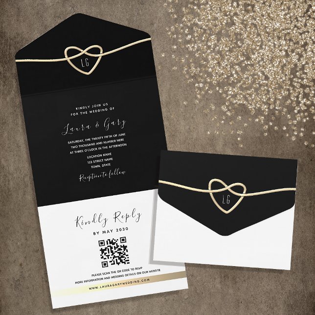Invitation Tout En Un Gold Heart Mariage noir et blanc (Créateur téléchargé)