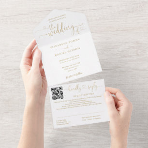 Invitation Tout En Un Gold Heart Script Moderne QR Code Mariage