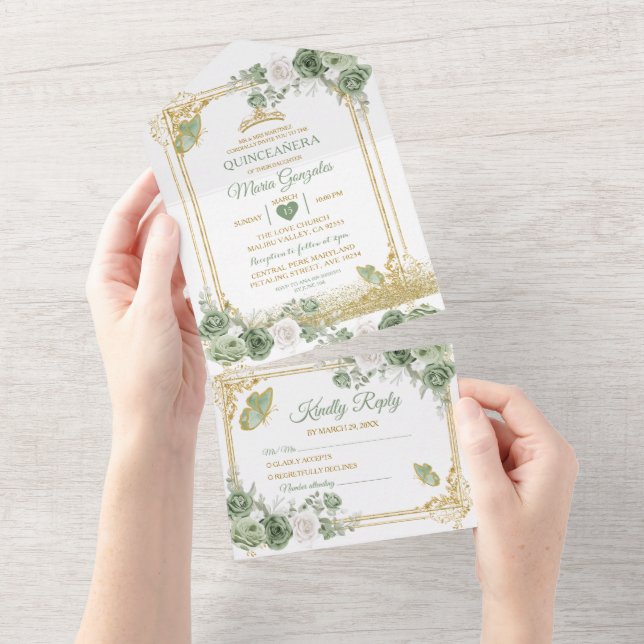 Invitation Tout En Un Gold Quinceañera Sage Couronne verte tout en un (Déchirure)
