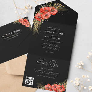 Invitation Tout En Un Gold Red Poppy Floral Automne QR Code Mariage noir