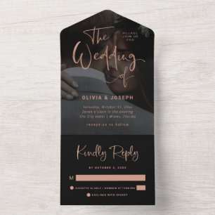 Invitation Tout En Un Gold Rose moderne et revêtement noir   Mariage pho