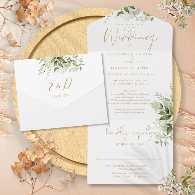 Invitation Tout En Un Gold Script Green Détails Floral RSVP Mariage (Gold Script Greenery Floral Details RSVP Wedding All In One Invitation)