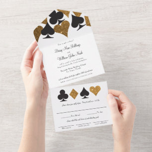 Invitation Tout En Un Gold sur White Faux Parties scintillant Las Vegas 
