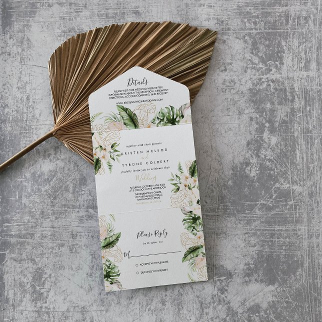 Invitation Tout En Un Gold Tropical Foliage Floral Mariage (Créateur téléchargé)