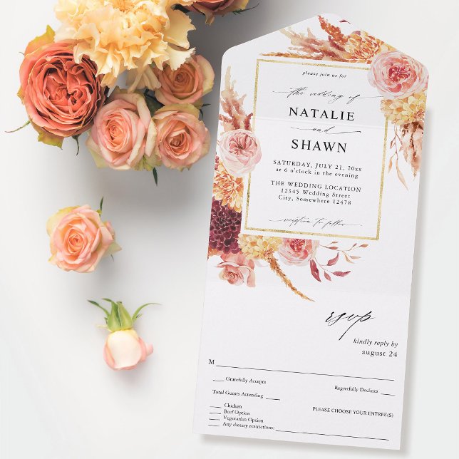 Invitation Tout En Un Golden Burgundy & Blush Pink FlorMariage (Créateur téléchargé)