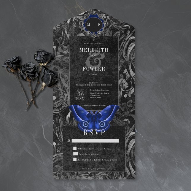Invitation Tout En Un Gothic Black Blue Filigree Moth No Dinner Wedding (Créateur téléchargé)