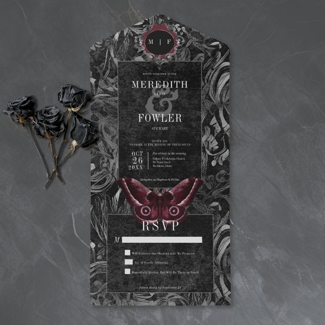 Invitation Tout En Un Gothic Black Wine Filigree Moth No Dinner Wedding (Créateur téléchargé)