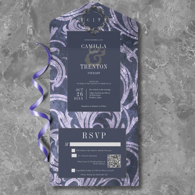 Invitation Tout En Un Gothique Antique Purple Damask QR Code Mariage (Gothic Antique Purple Damask QR Code Wedding All In One Invitation)