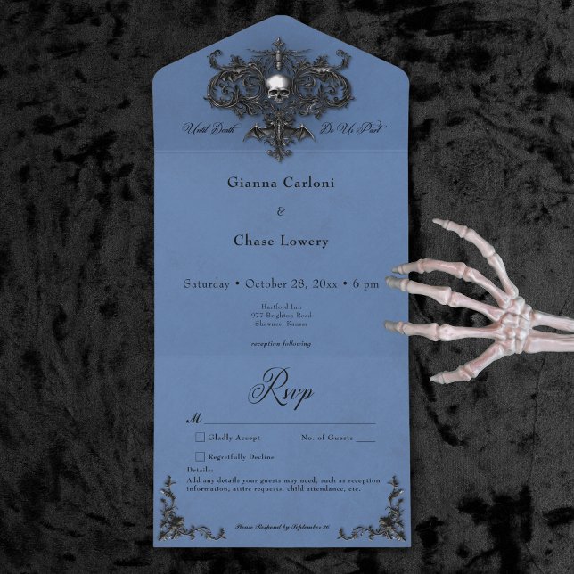 Invitation Tout En Un Gothique Black & Blue Halloween Filigrane Sans Dîn (Gothic Black & Blue Halloween Filigree No Dinner All In One Invitation)