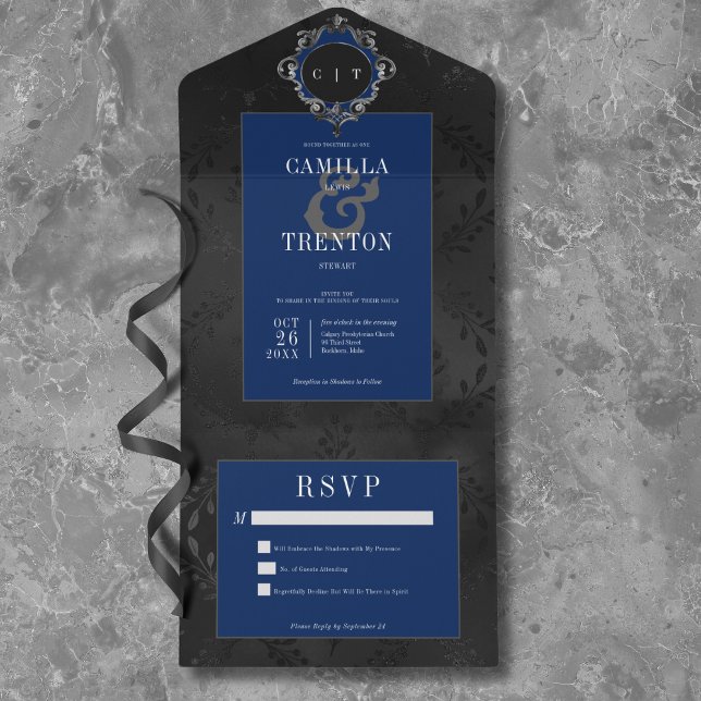 Invitation Tout En Un Gothique foncé Noir & Bleu Floral Satin Pas de dîn (Dark Gothic Black & Blue Floral Satin No Dinner All In One Invitation)