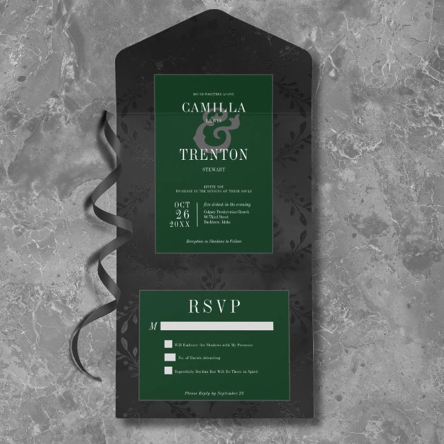 Invitation Tout En Un Gothique foncé Noir & Vert Floral Satin Pas de Dîn (Créateur téléchargé)
