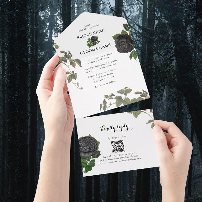 Invitation Tout En Un Gothique Halloween Rose noir Mariage blanc (Gothic Halloween Black Roses White Wedding All In One Invitation)