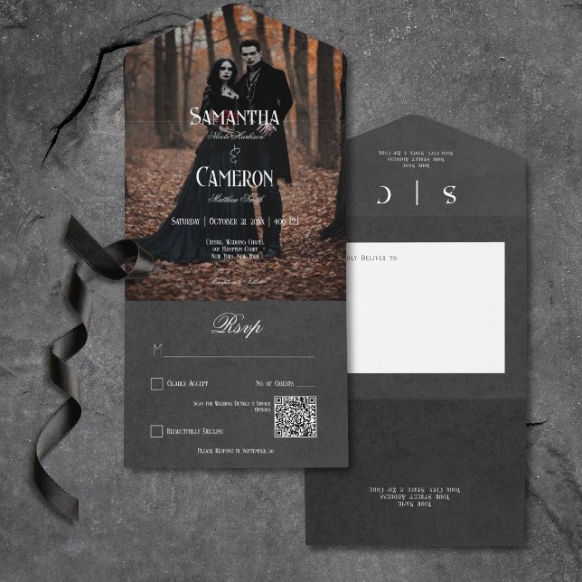 Invitation Tout En Un Gothique Moody Black Elegant Photo QR Code (Gothic Moody Black Elegant Photo All In One Invitation with QR Code)
